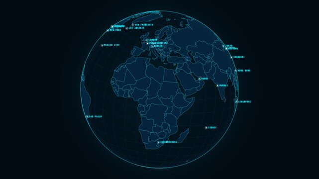 4K Centered Business Hubs World Map HUD, 3D Hologram Earth Global Finance Network Overlay
