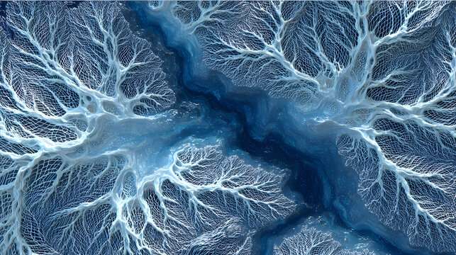 Abstract artistic illustration of silver-blue streams twisting into icy crystal str for creative commercial background design