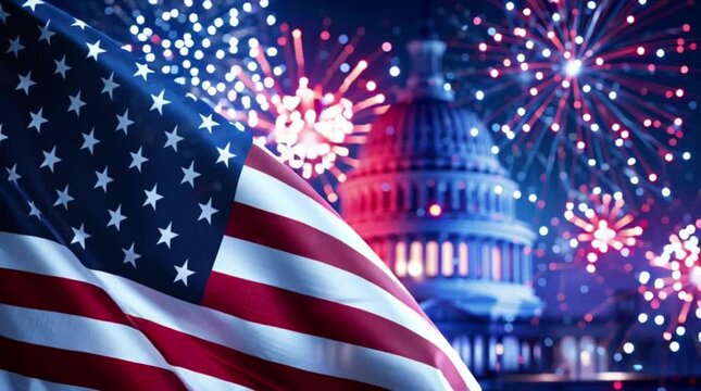 The image shows the American flag in the foreground. In the background is the Capitol building and fireworks of red, white and blue colors. America's legacy.
