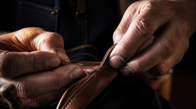 Craftsman sewing leather with needle and thread, close-up on hands working.