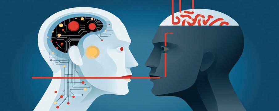 Human and artificial intelligence facing each other with connected brains and digital circuitry