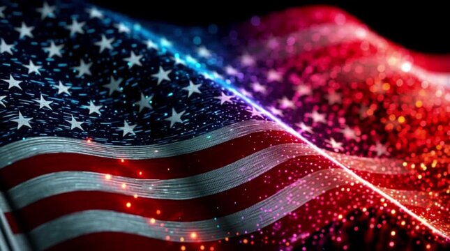 The wavy movement of the digital US flag with white stars on a blue background and red and white stripes. The folds of the fabric are visible, creating a wavy pattern. America 250.
