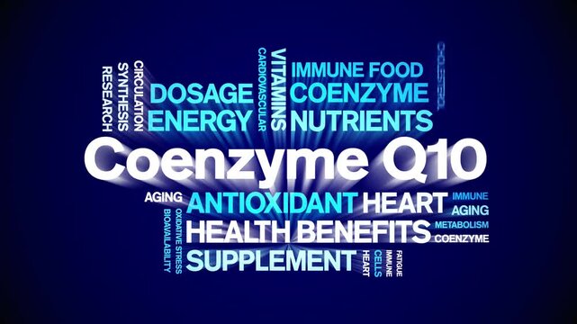 Coenzyme Q10 animated word cloud-CoQ10 text design animation tag kinetic typography seamless loop.