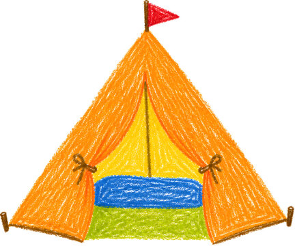 Hand drawn crayon illustration of orange camping tent with open flap. Sketch style drawing of orange outdoor shelter for nature travel. Concept of summer vacation adventure. Hand drawn art of tent ico