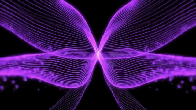 Symmetrical purple energy waves intersecting to form a luminous cross or butterfly pattern with fibrous light textures and glowing aura against a solid black background.