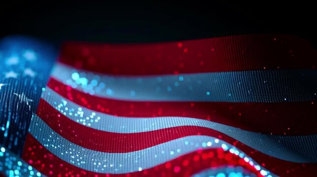 The wavy movement of the digital US flag with white stars on a blue background and red and white stripes. The folds of the fabric are visible, creating a wavy pattern. America 250.