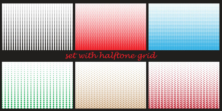 Set of six multi-colored halftone grid gradient patterns with halftone, gradient