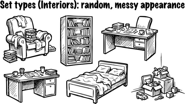 Black and White Line Art Hand-drawn Sketch Set of Messy Interior Furniture and Household Items, Depicting Everyday Domestic Life and Home Decor Elements
