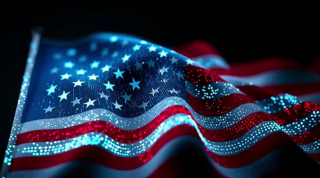 The wavy movement of the digital US flag with white stars on a blue background and red and white stripes. The folds of the fabric are visible, creating a wavy pattern. America 250.