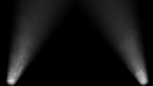 Dynamic dual searchlights animation scanning side to side through ambient stage fog, cinematic light effect 4K