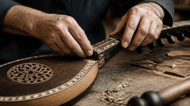 Artisan crafting a traditional string instrument with intricate details