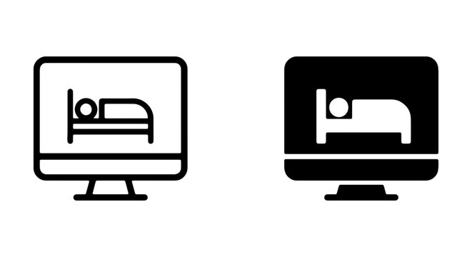 Online hotel booking icons, computer monitor with bed symbol, digital travel reservation