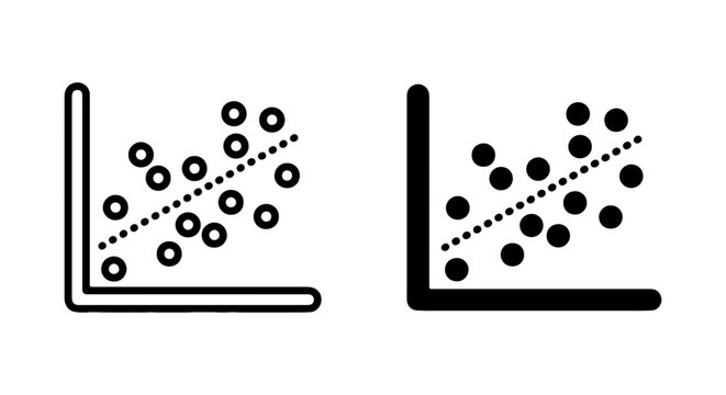 Scatter plot chart icons, regression line graph vectors, data science analytics symbols