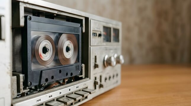 A cassette player sits on a wooden table. Inside, there is a cassette tape. The background shows a plain indoor space. It is a bright moment capturing retro technology
