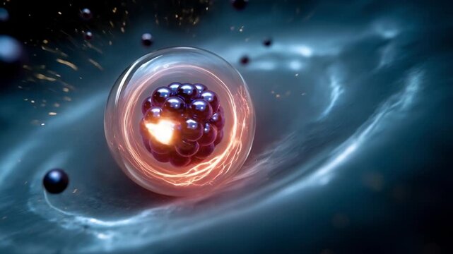 Abstract microscopic view of glowing atom nucleus cell with lightning energy spark effect quantum physics