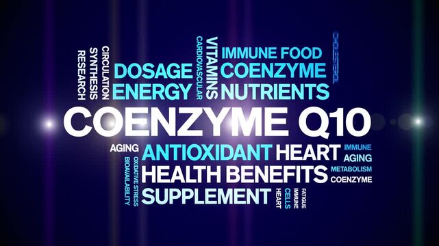 Coenzyme Q10 animated word cloud-CoQ10 text design animation tag kinetic typography seamless loop.