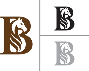 Elegant letter b logo with majestic horse head silhouette integrated into the letterform representing power freedom and grace presented in multiple color variations for diverse © ahsan