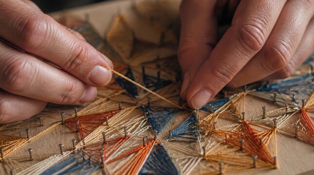 Hands weaving colorful thread on nails, creating geometric pattern, close-up