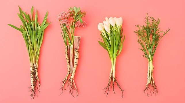 Comparison of Monocot and Dicot Plant Roots and Stems on Pink