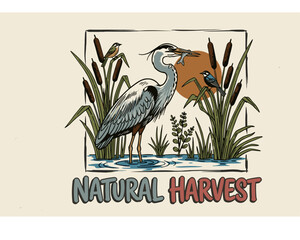 Naklejka premium Natural harvest. Heron bird vintage print design for t shirt. Wetland wildlife artwork. Explore nature.