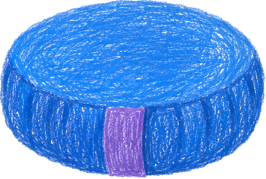 Hand drawn crayon illustration of blue meditation cushion. Sketch style drawing of blue zafu pillow for yoga practice. Concept of mindfulness wellness relaxation. Hand drawn art of cushion icon