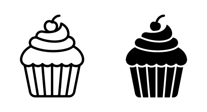 Cupcake Icons, Sweet Dessert Vector Graphics, Bakery Food Symbols, Simple Outline and Solid Styles
