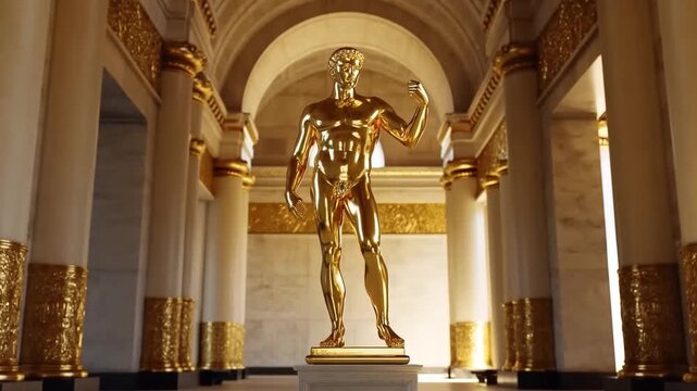 Panning slow motion shot of golden male statue standing on pedestal posing in ornate marble hall with gilded columns interior