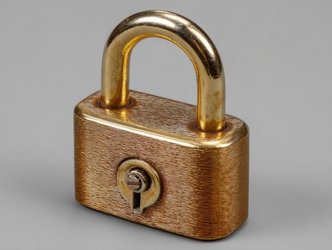 Small Brass Padlock Isolated on Grey Background.