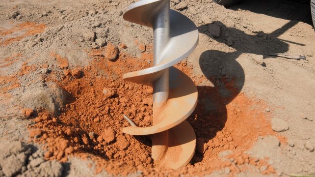 Close-up of a metal auger drill bit boring a hole in the ground for construction or post installation.