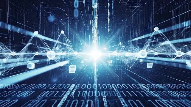 Abstract digital data stream with binary code and glowing light
