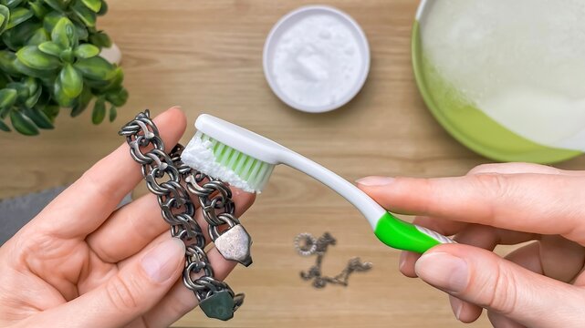 A woman cleans a tarnished silver bracelet with baking soda and a toothbrush. This concept is about home jewelry care and restoring the metal's shine.