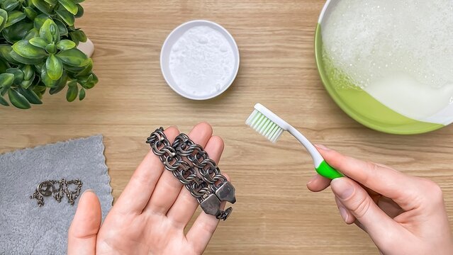 A woman holds an oxidized silver bracelet next to a toothbrush, baking soda, and soap solution. Concept for jewelry care and restoring silver's shine.