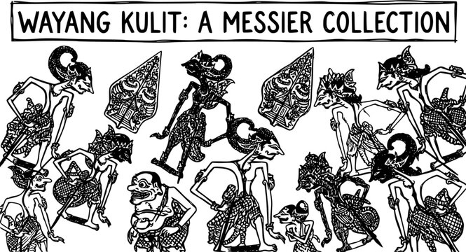 Wayang Kulit Indonesian Shadow Puppets: Black and White Line Art Illustration of Traditional Javanese Performing Arts and Cultural Figures Collection.