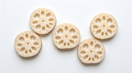 Fototapeta premium Sliced lotus root on a white background with holes and patterns