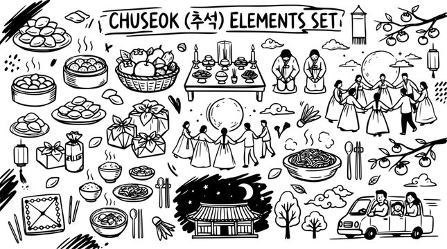 Chuseok (??) Korean Thanksgiving Holiday Elements Set. Hand-Drawn Doodle Line Art for Traditional Culture  Celebration.