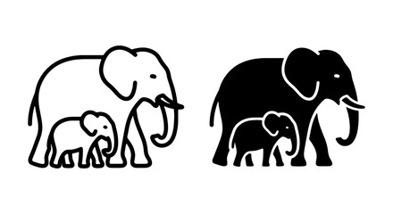 Elephant Family Icons, Simple Outline and Silhouette, Vector Art © Mamun