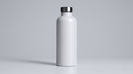 White matte insulated reusable water bottle with silver cap on minimalist background