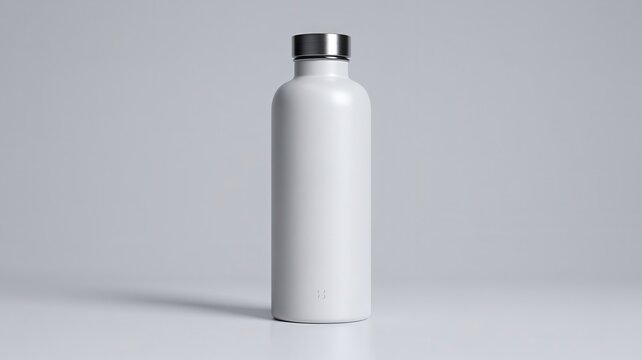 White matte insulated reusable water bottle with silver cap on minimalist background