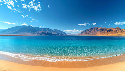 Naklejka premium Calm blue lake meeting sandy shoreline aerial natural division