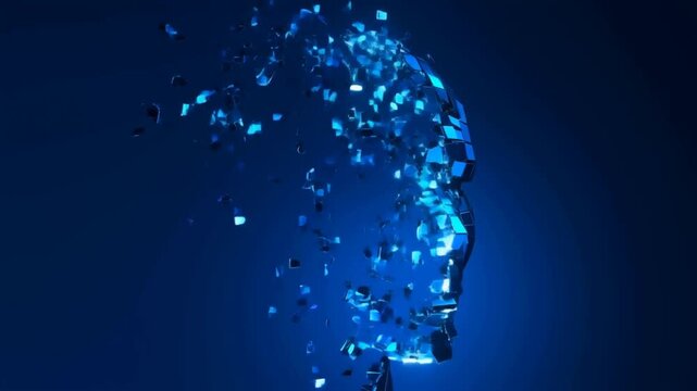 Slow motion tracking shot of robotic mosaic head shattering and disintegrating into fragments in dark blue studio background