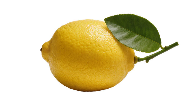 Yellow lemon with green leaf and stem