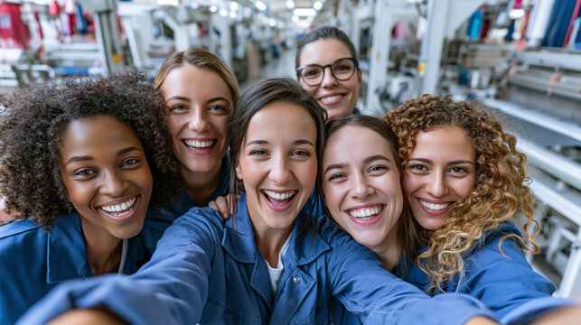 Selfie em primeiro plano de uma equipe feliz e diversificada de jovens funcion&aacute;rias sorrindo juntas em uma f&aacute;brica t&ecirc;xtil moderna, conceito de teambuilding e RH, gerado por IA