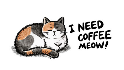 Fototapeta premium Calico cat sleeping with text I need coffee meow