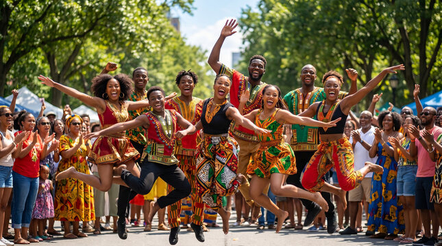 Vibrant African American cultural celebration with dancers in colorful traditional attire joyfully leaping on a sunny street surrounded by a cheering crowd