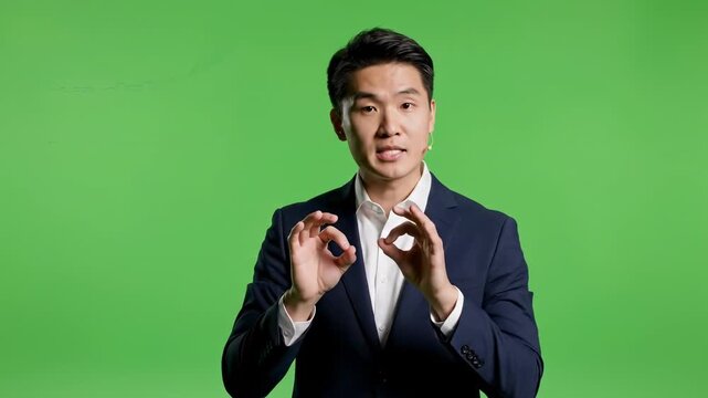 Man in suit giving thumbs up against green screen background businessman confidence