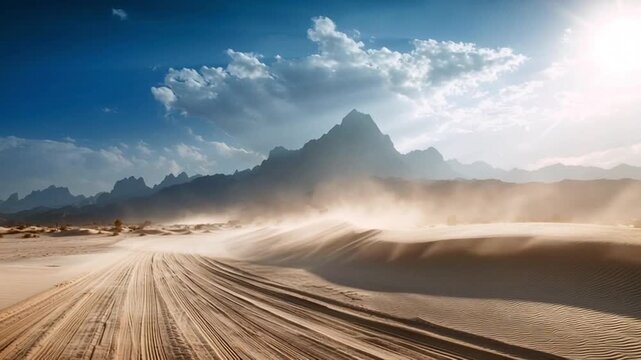 Dramatic desert landscape with a strong wind blowing sand across a remote road, creating a powerful sandstorm with rugged mountains under a beautiful, cloudy sky during a sunny day