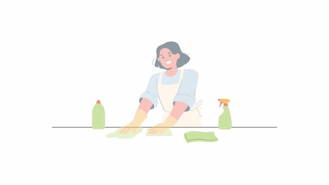 Woman Cleaning Surface with Spray and Rag Flat Animation