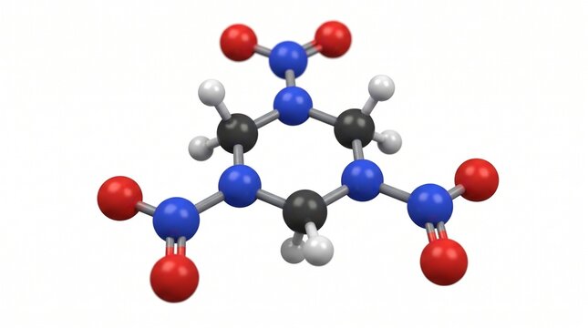 A detailed ball-and-stick model of the RDX molecule, a powerful explosive compound, showing its atomic structure.
