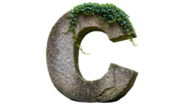Curved stone letter C overgrown with green ivy vines
