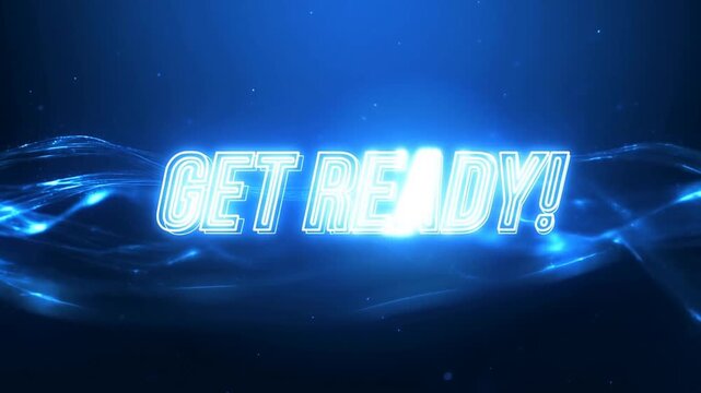 Slow motion tracking zoom of glowing text get ready moving through blue flowing light wave abstract digital background